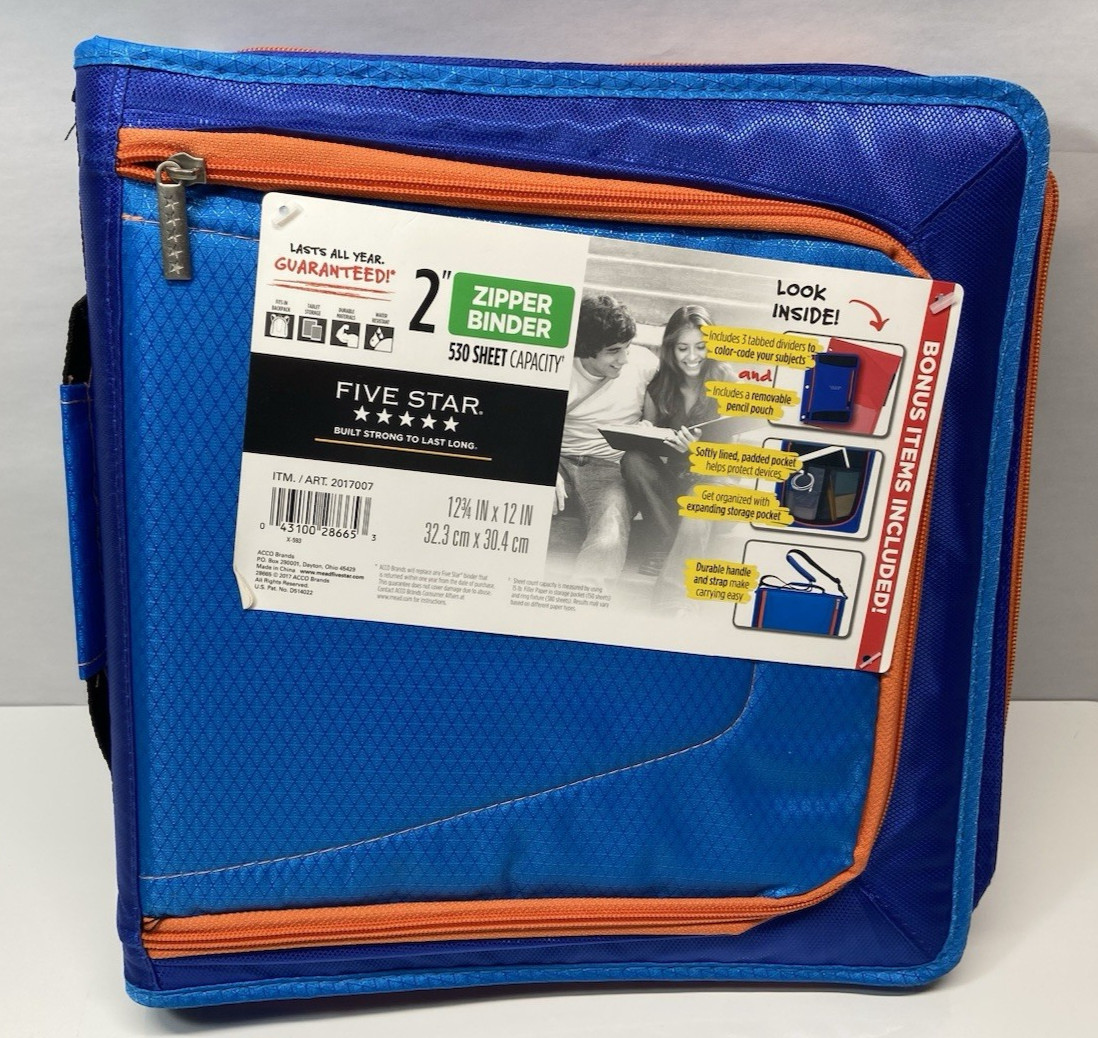 Mead Five Star 2″ Zipper School Binder Blue & Orange New Unused