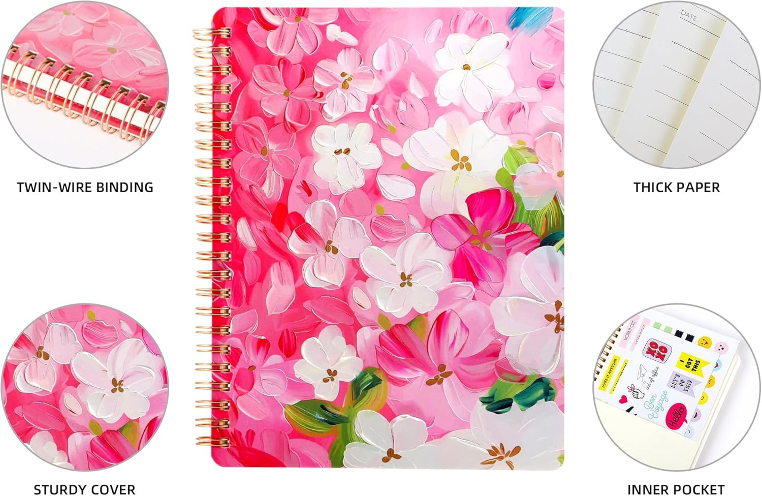 Spiral Notebook for Women 8.25 x 6.25in Hardcover 160 Lined Pages Large Pockets