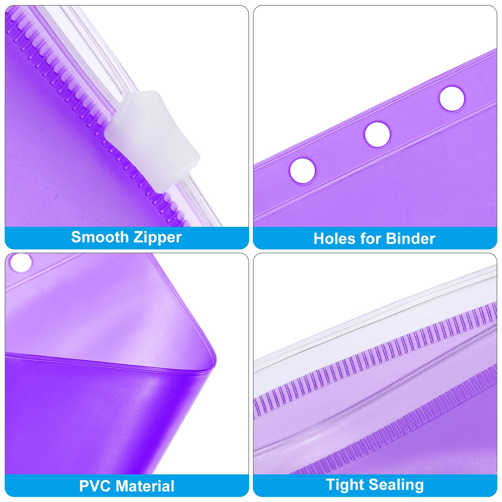 A5 Binder Pocket, 12 Pack PVC Zipper 6 Holes Binder Pouch, Purple