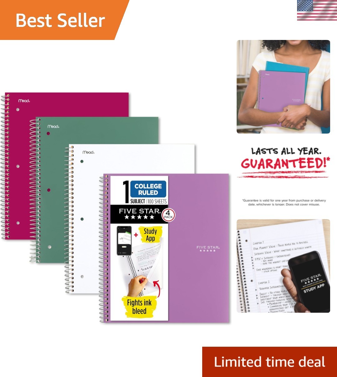 Assorted Colors Spiral Notebook Bundle: 100 Sheets, Ink Bleed Resistant, 4 Pack