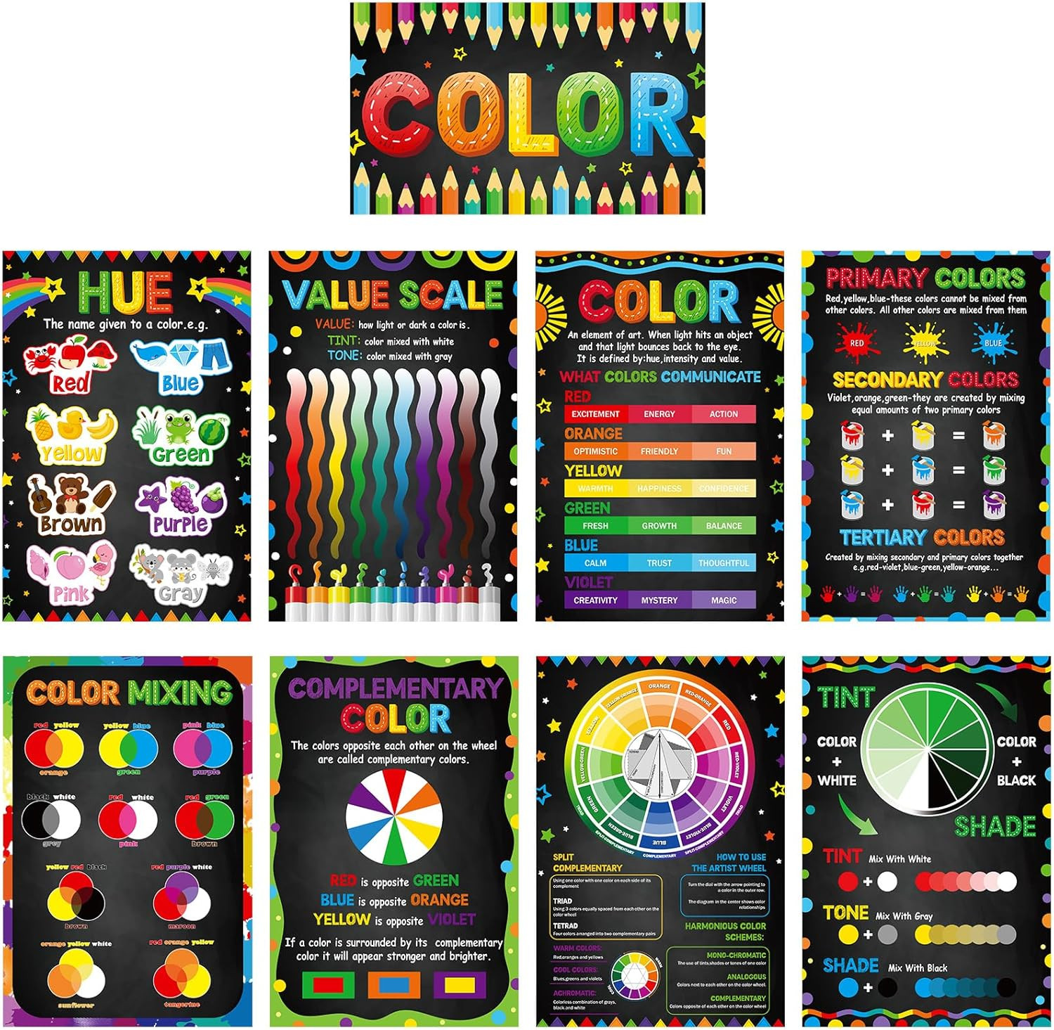 9 Pcs Art Posters Classroom Decoration Color Theory Knowledge Bulletin Board Set