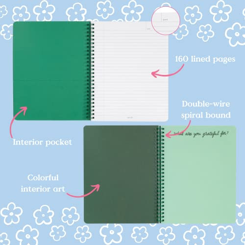 Green Floral Rough Draft Mini Spiral Notebook, 9″ x 7″ with Pockets and 160