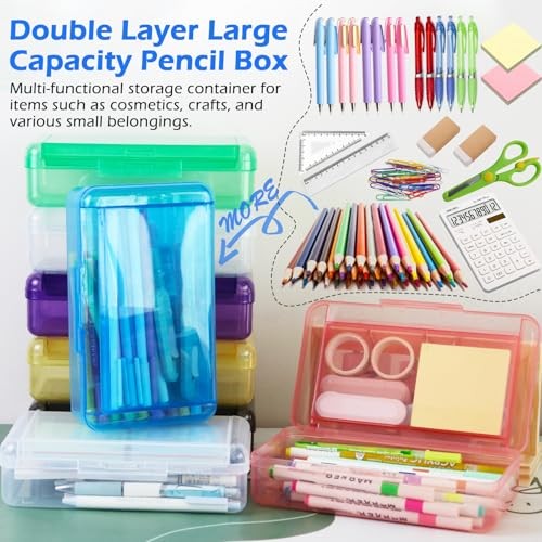 1 Pack Double Layer Hard Pencil Cases, Plastic Translucent Pencil Box with Blue