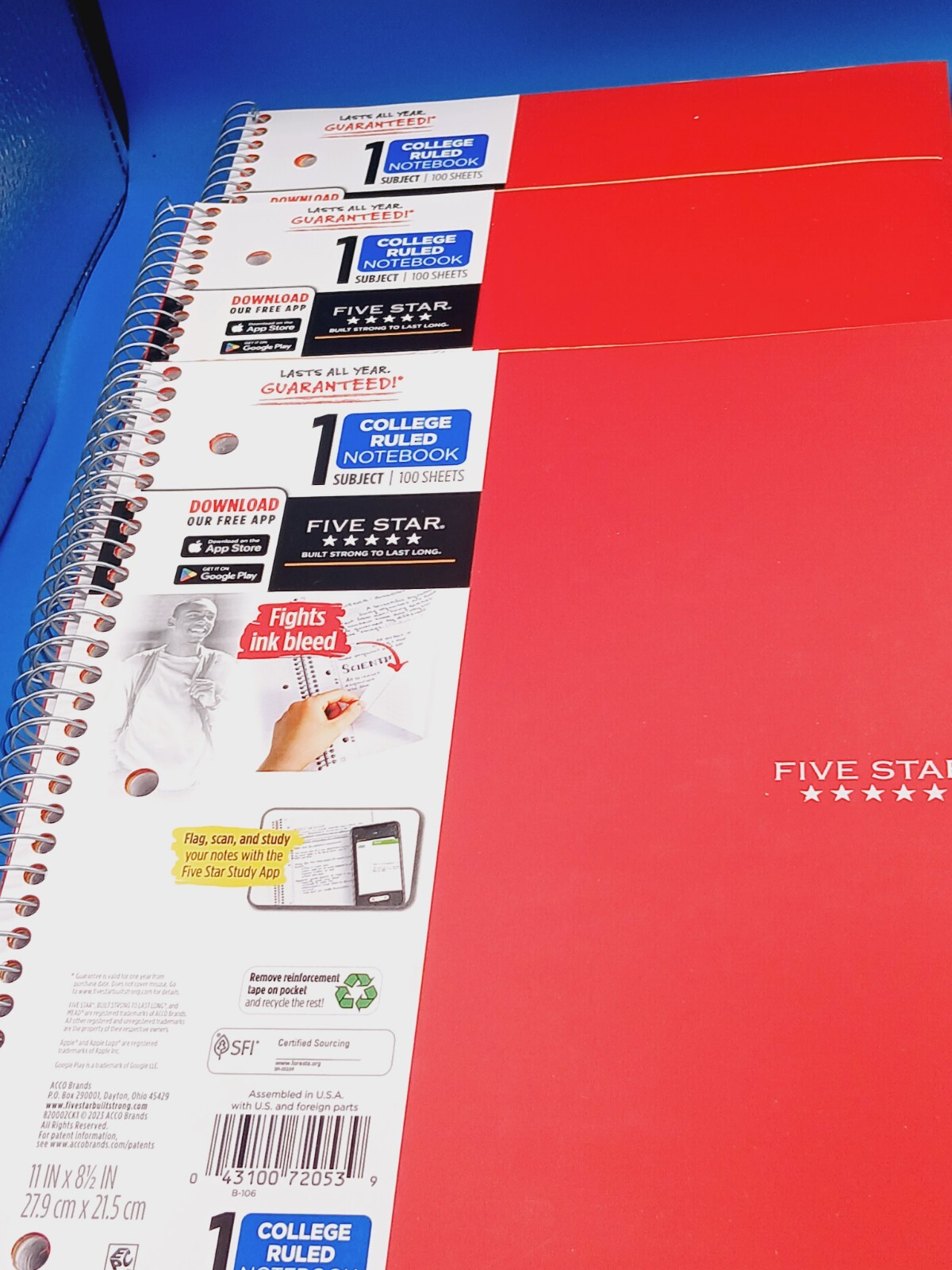 Lot of 6 Red Five Star 1 Subject College Ruled 8.5×11 100 Sheets Spiral Notebook