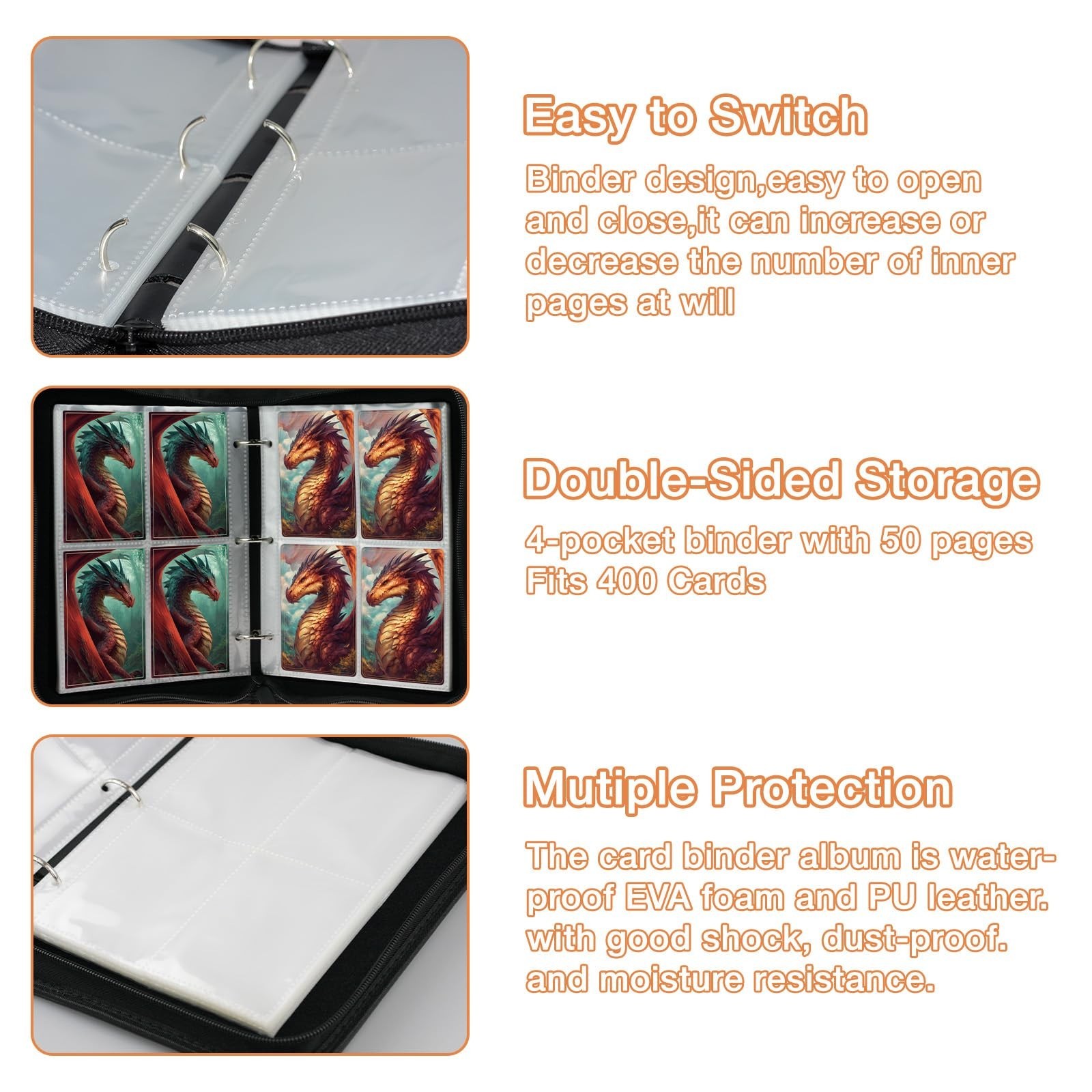 Trading Card Binder, 400 Pocket Card Album, 3-Ring Refillable Binder with Zip…