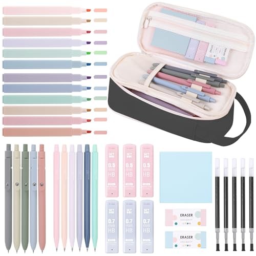 Cute School Supplies 38 PCS, Pencil Case with 12 Pastel Highlighters, 5 Black