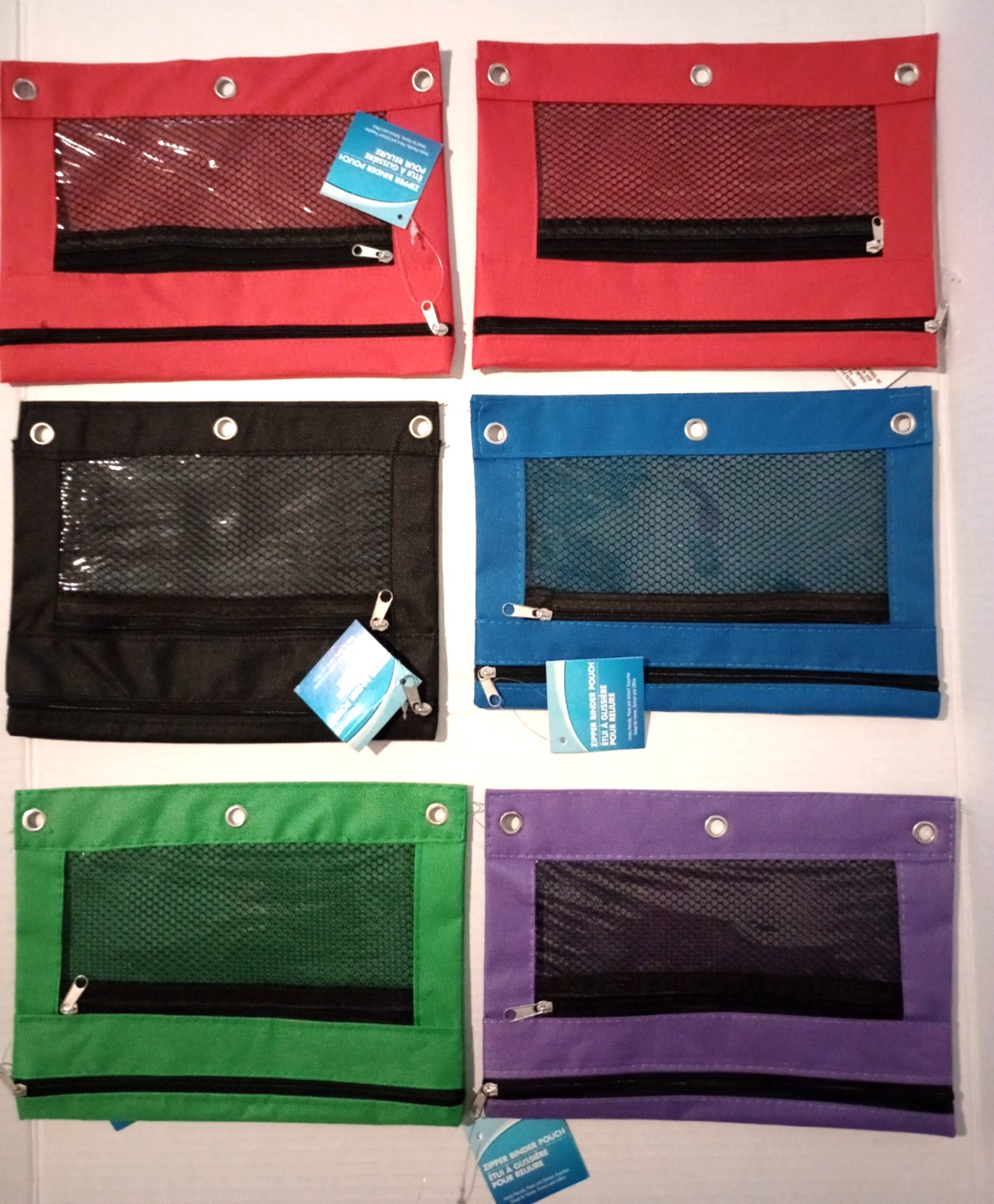 6 Piece Multi-Color 3 Hole School Crayon Pencil Case Zipper Binder Pouches
