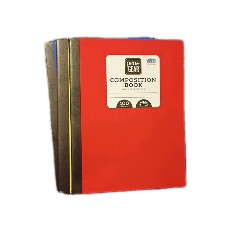 9 wide ruled Composition Red Cover 100 Sheets Notebook Pen + Gear Made In USA