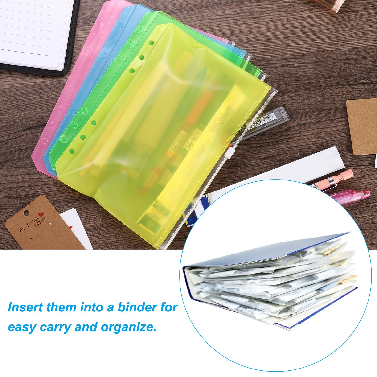 A5 Binder Pocket, 12 Pack PVC Zipper 6 Holes Binder Pouch, Blue