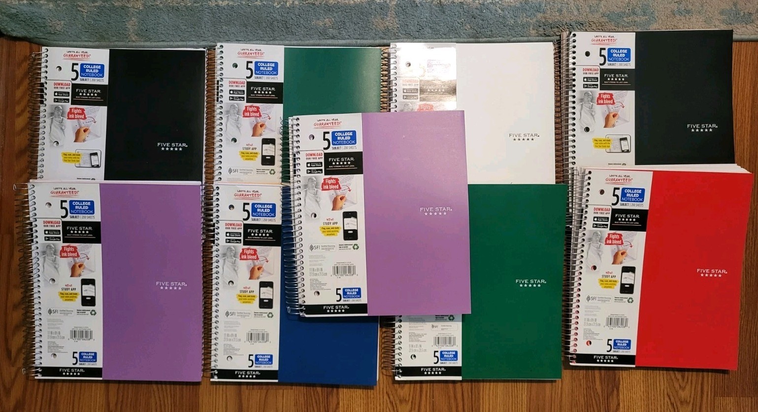 (9) Five Star 5 Subject Notebook College Ruled 200 Sheets Assorted Colors
