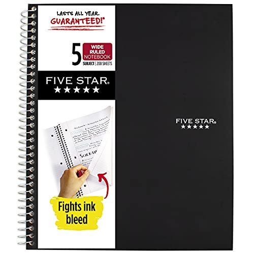 Spiral Notebook, 5 Subject, Wide Ruled Paper, 200 Color Selected for You