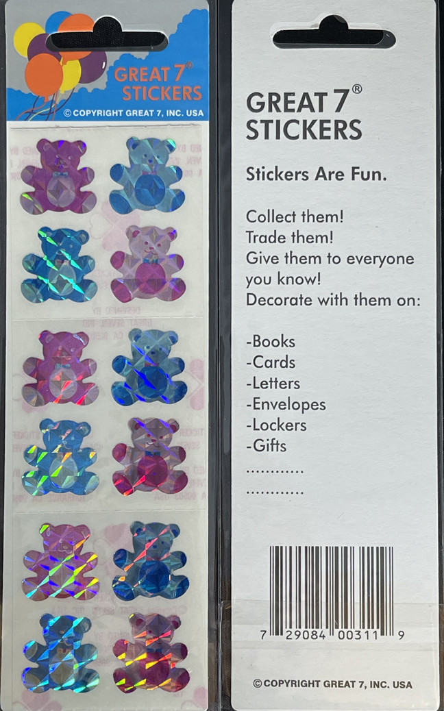 12 packages of Prismatic Teddy Bear Stickers, “Great 7” Sticker designs, PPZ6111