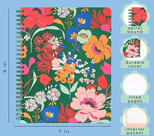 Green Floral Rough Draft Mini Spiral Notebook, 9″ x 7″ with Pockets and 160