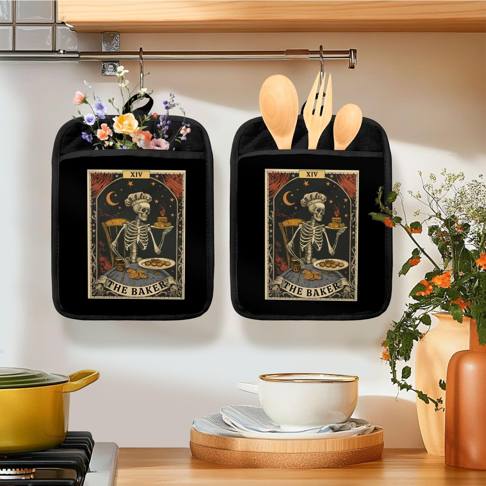 Gothic Witchy Skeleton Baker Pot Holders for Kitchen, Gifts for Baking Lovers…