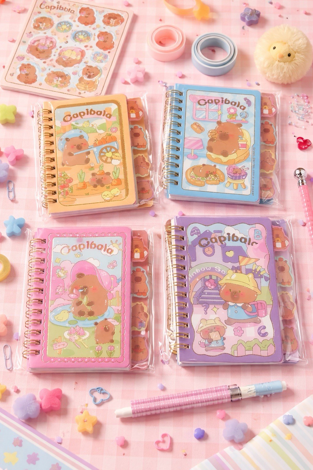 Capybara Kawaii Spiral Notebook – Gold Foil Cover – Cute Stationery Gift 4 Pack
