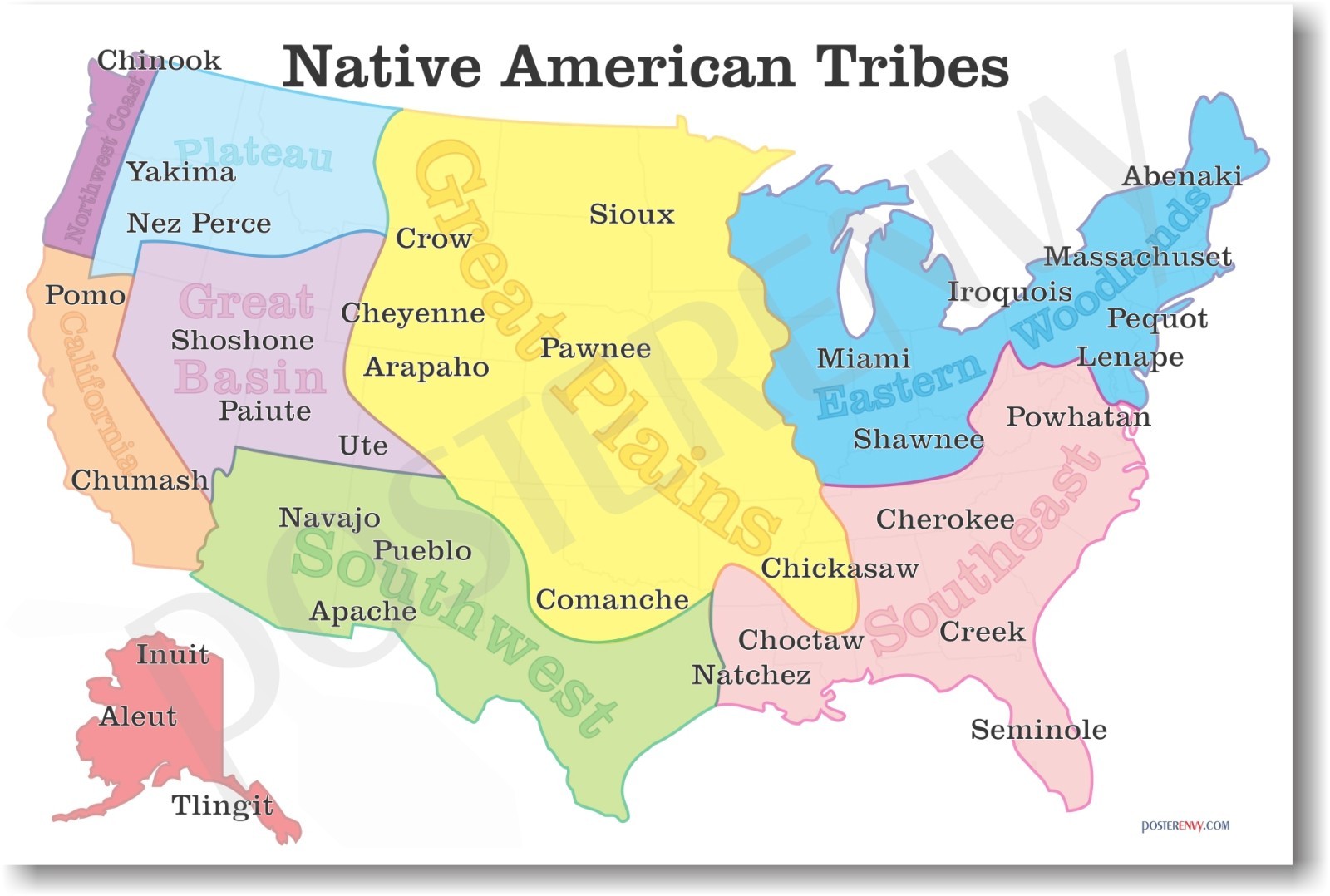 NEW American History Educational Classroom POSTER – Native American Tribes Map