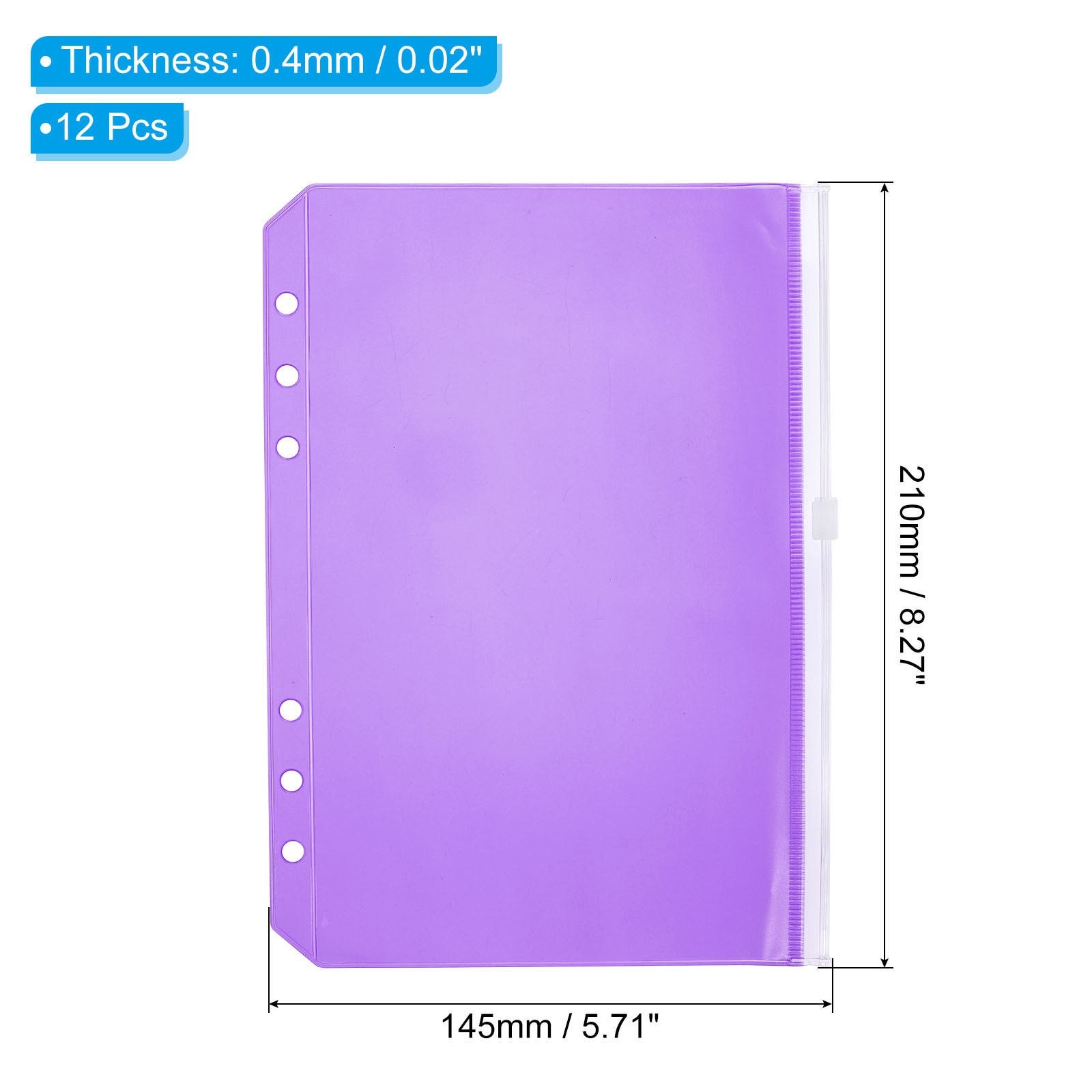 A5 Binder Pocket, 12 Pack PVC Zipper 6 Holes Binder Pouch, Purple