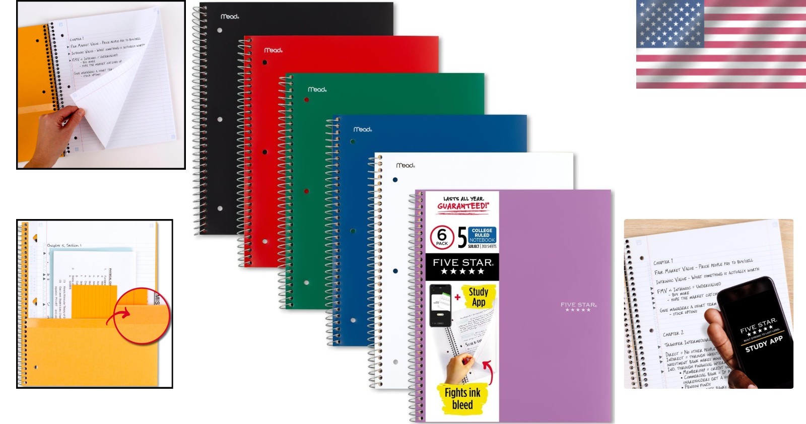 Spiral Notebook + Study App, 6 Pack, 5 Subject, Co