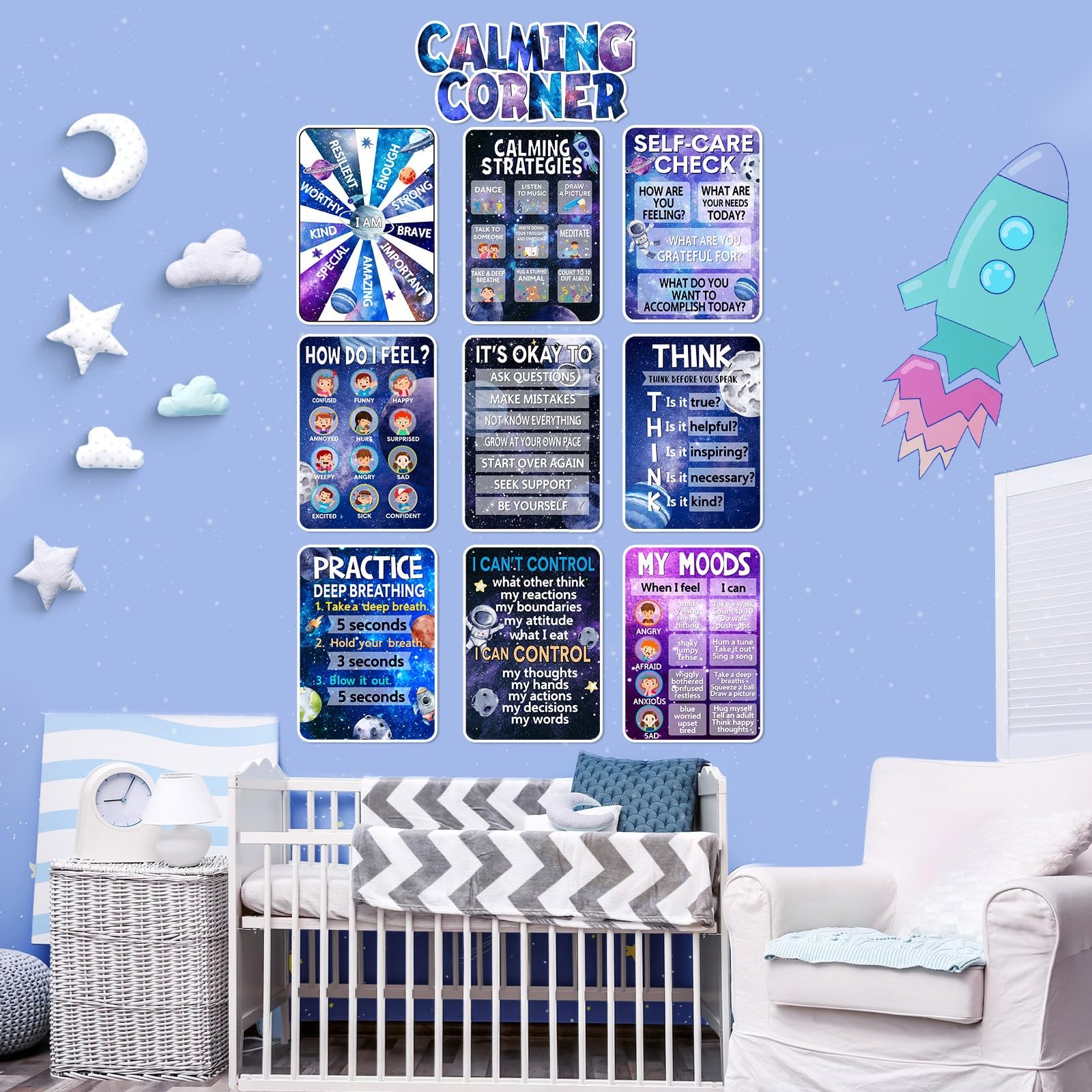 10 Pcs Calming Corner Posters Space Themed Classroom Feeling Emotion Charts M…