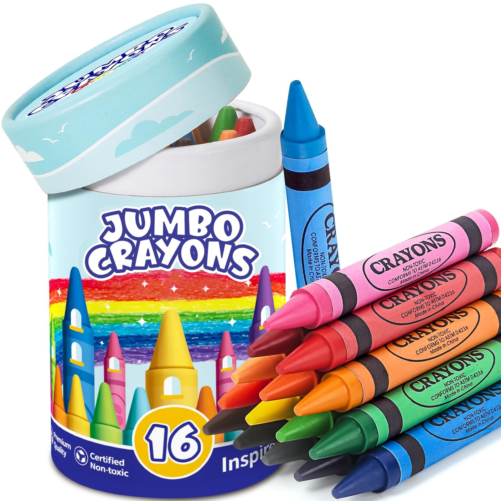 16 Colors Jumbo Crayons for Toddlers, 1 Count (Pack of 16), Multicolor