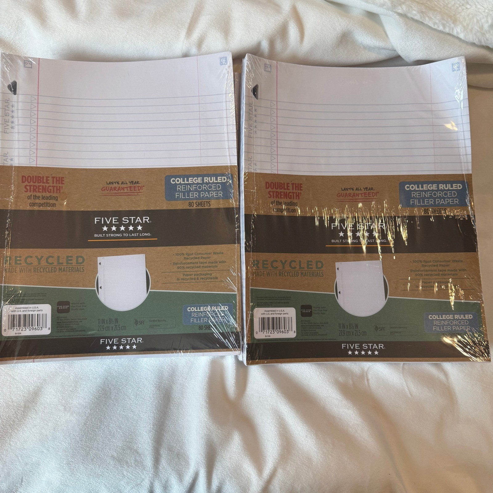 Five Star 4 Pack Reinforced Filler Paper College Ruled Recycled 80 Sheets 11×8.5