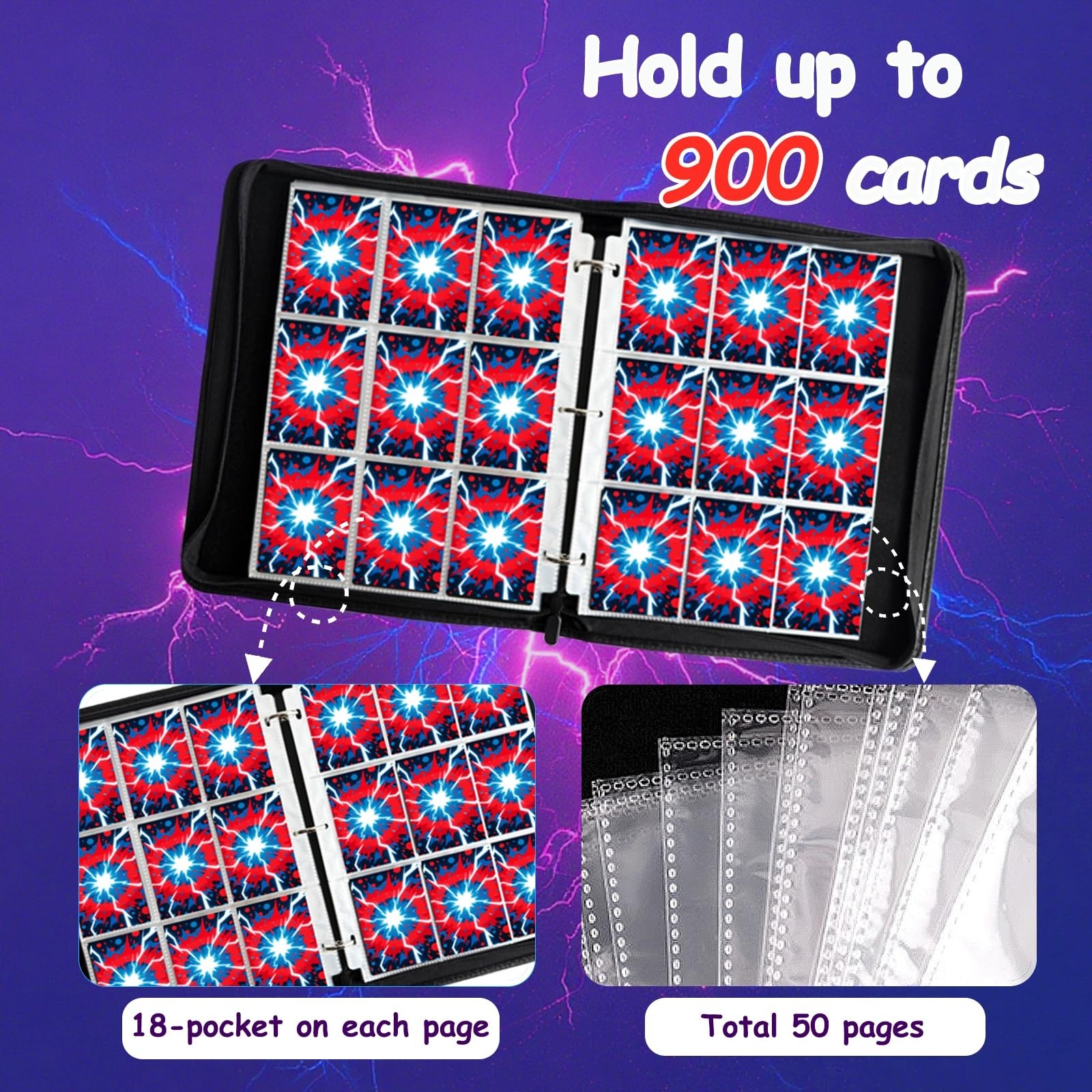 9-Pocket Trading Card Binder, 900 Pockets PU Leather Zippered Album with 50 R…