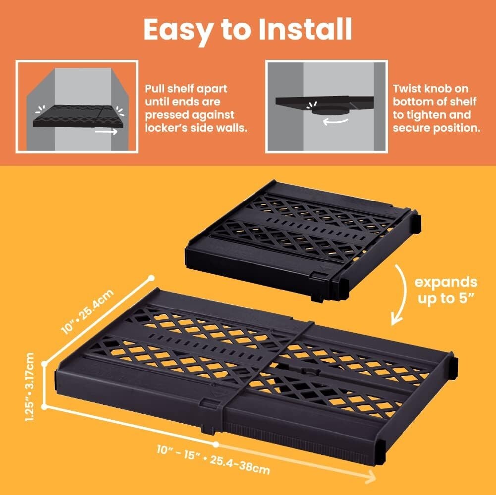 LockerMate Black Adjust-A-Shelf Locker Shelf Easy Use Extends to Fit Your Locker