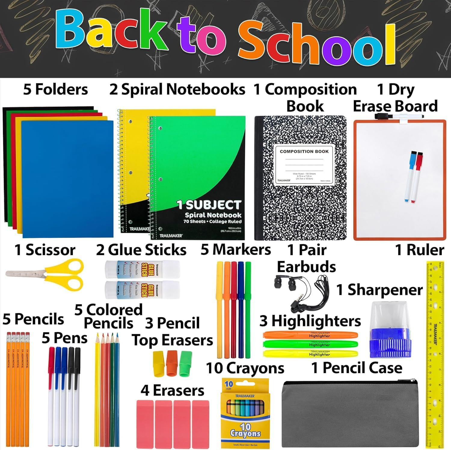 Back to School Supplies 60 Piece Bundle Kit for Girls, Boys, Kids, Back to Schoo