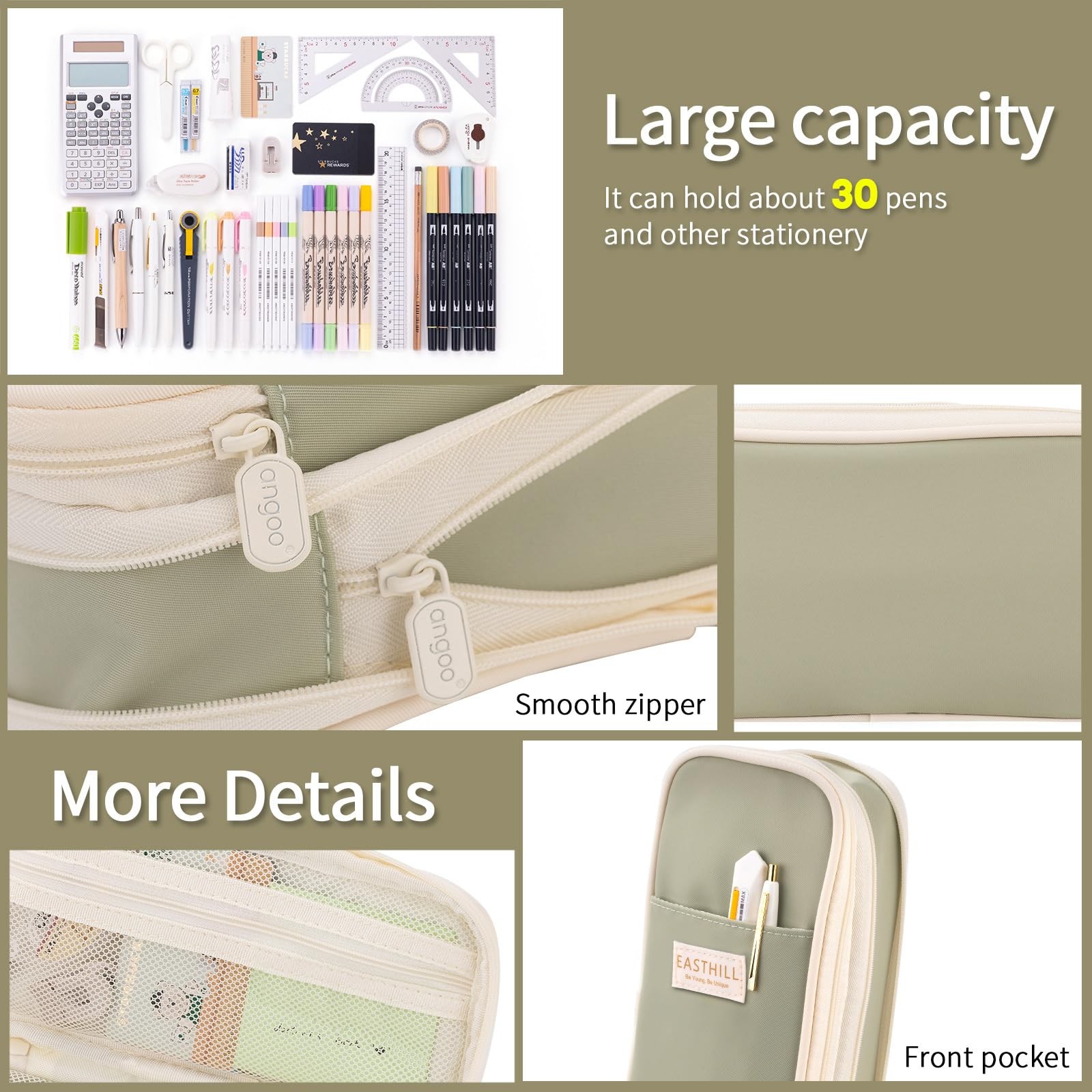 EASTHILL Big Capacity Pencil Case Large 8.66 x 4.13 x 2.56 inches, Green