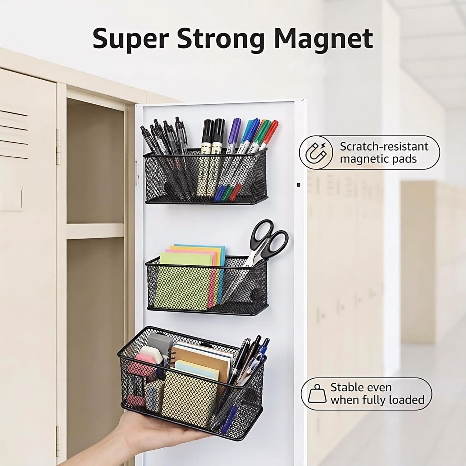 Elegant Magnetic Baskets for School and Office – Easy Installation, Pack of 3