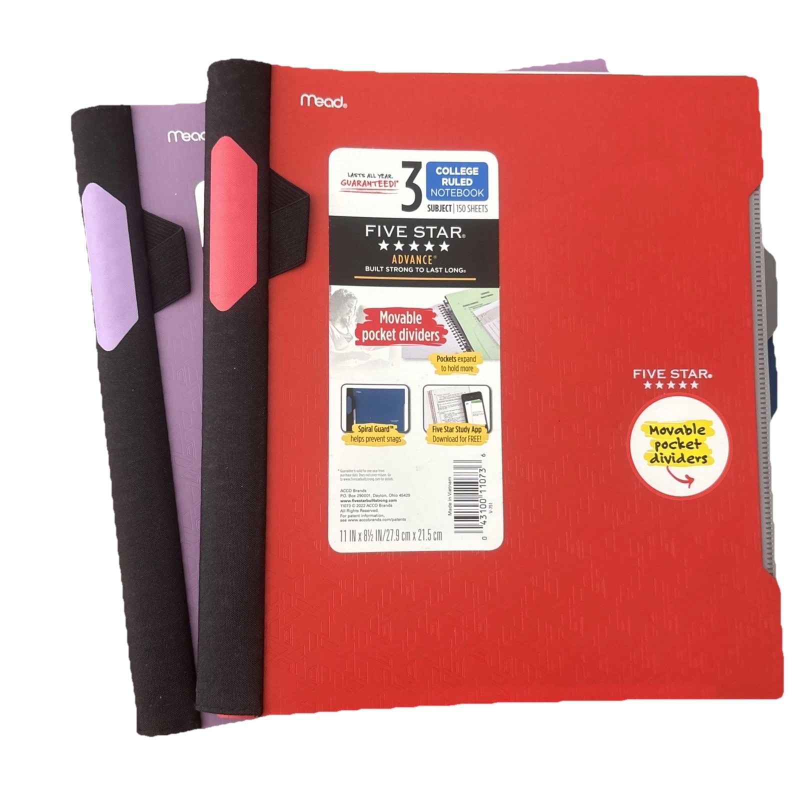 Lot of 2 Five Star Advance 3 Subject Notebooks College Ruled Purple Red New