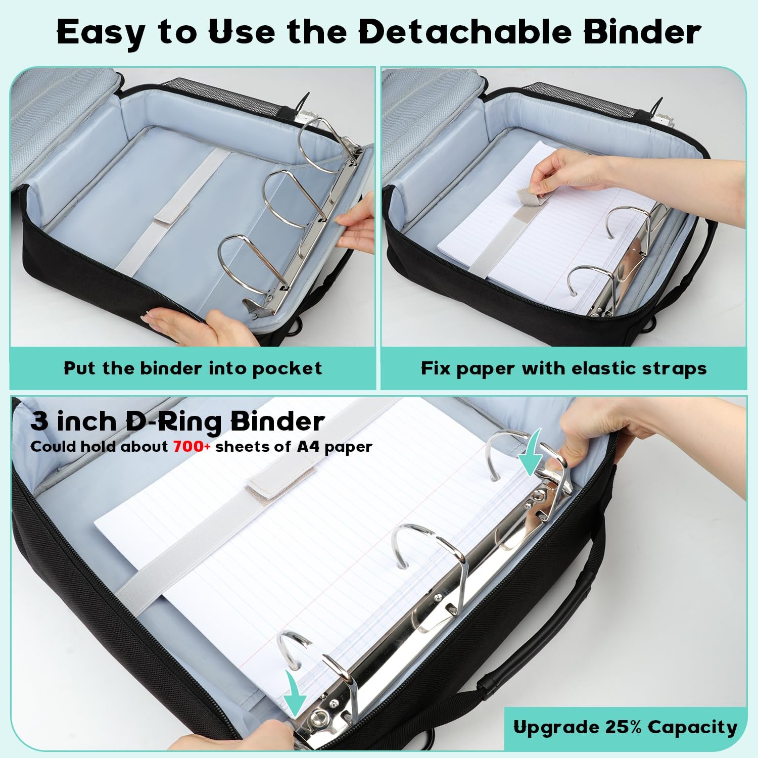 Veirdro 3 Inch D-Ring Zipper Binder Backpack for 700+ Sheets Large, Black