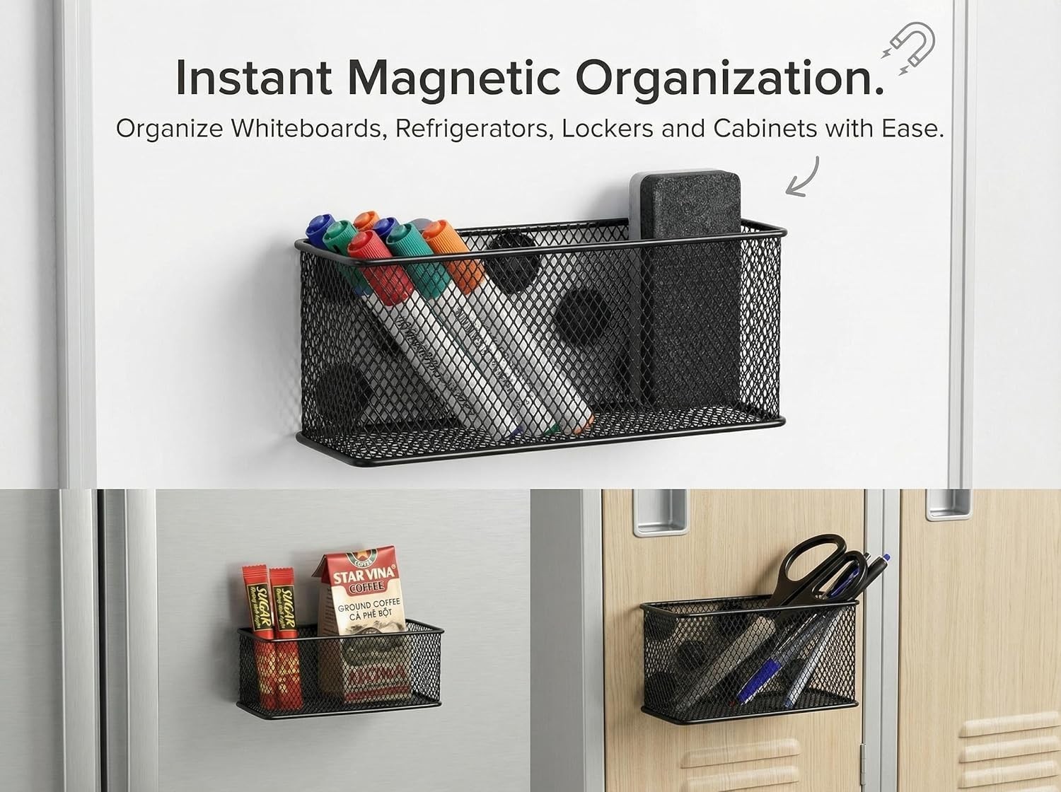Elegant Magnetic Baskets for School and Office – Easy Installation, Pack of 3