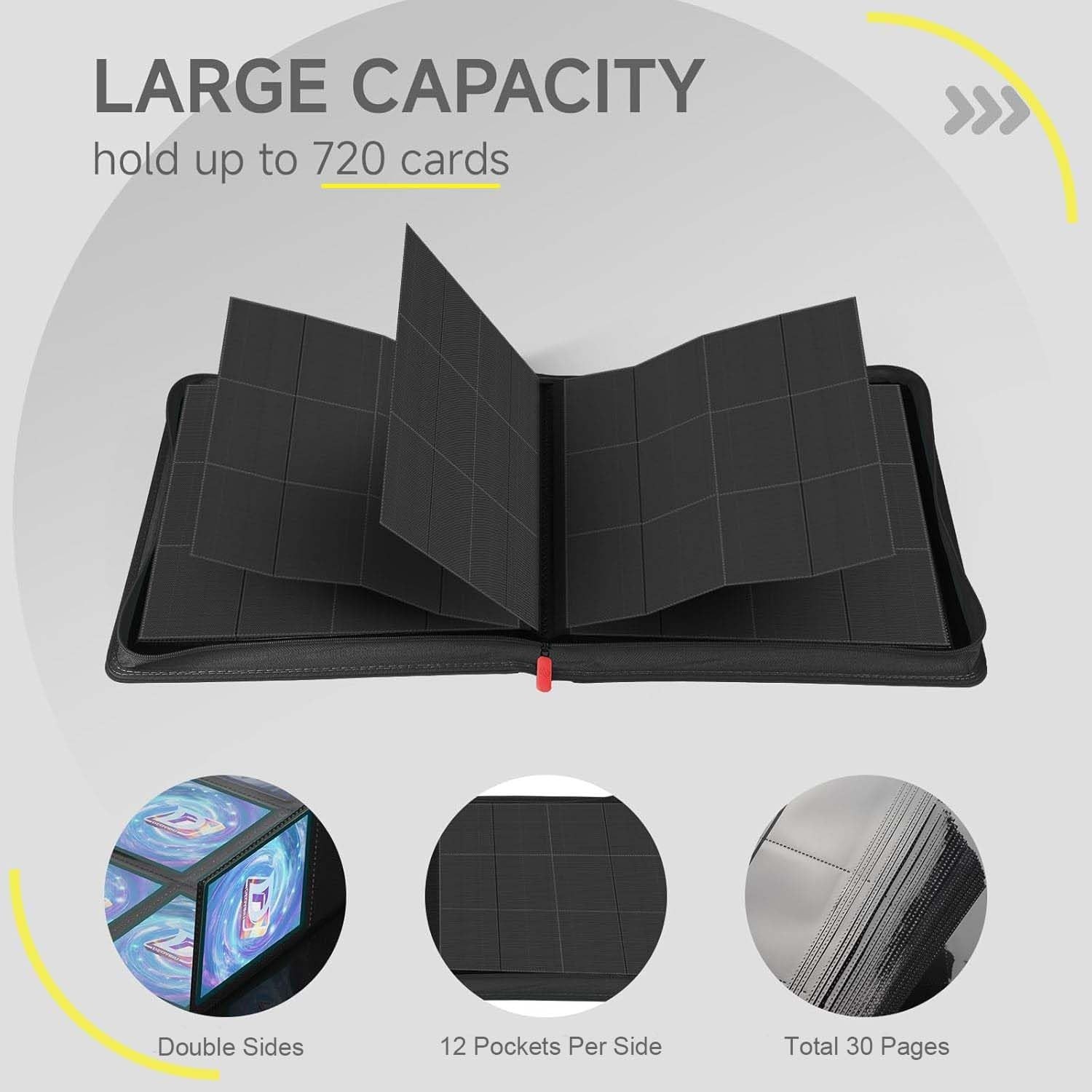 Trading Card Binder with Zip,12 Pockets Card Binder,720 Double Sided Pocket C…