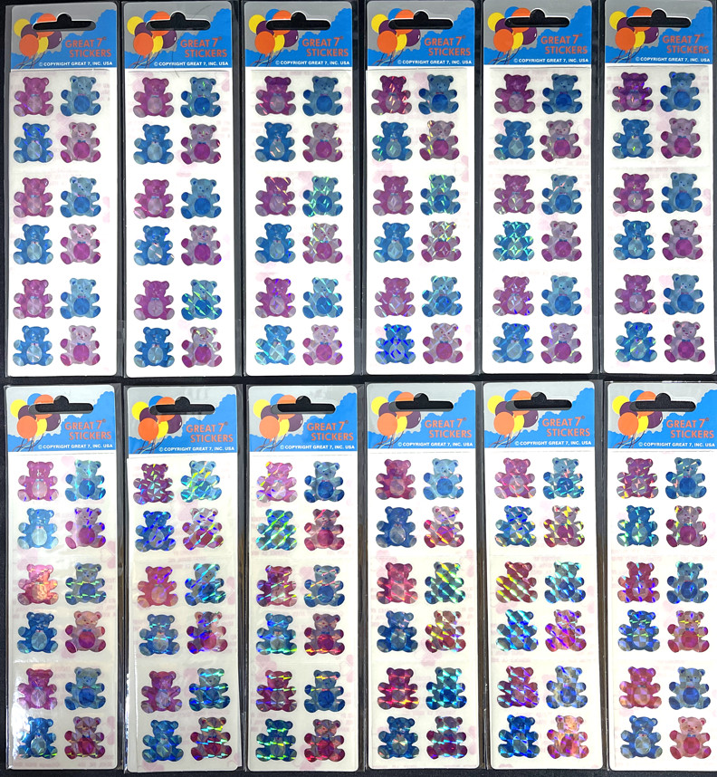 12 packages of Prismatic Teddy Bear Stickers, “Great 7” Sticker designs, PPZ6111
