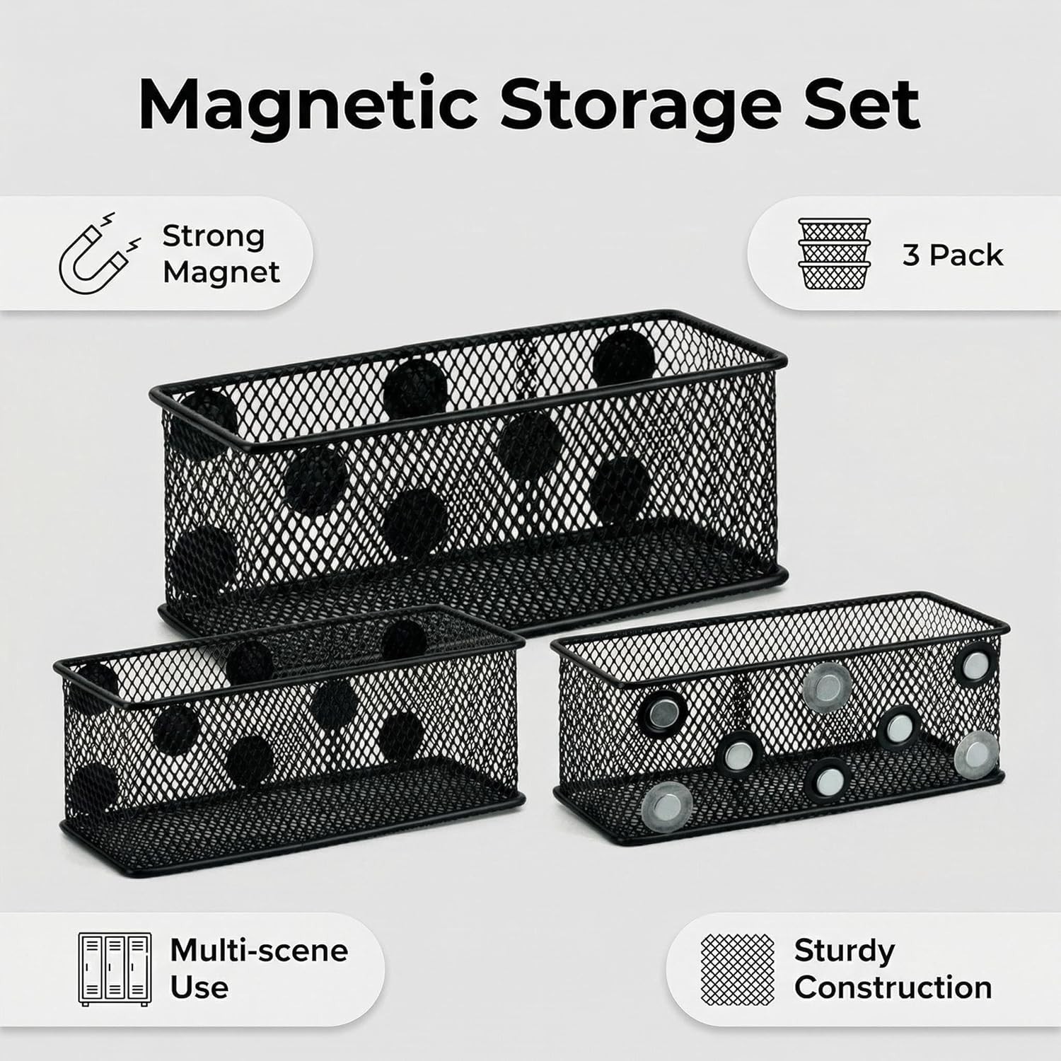 Elegant Magnetic Baskets for School and Office – Easy Installation, Pack of 3