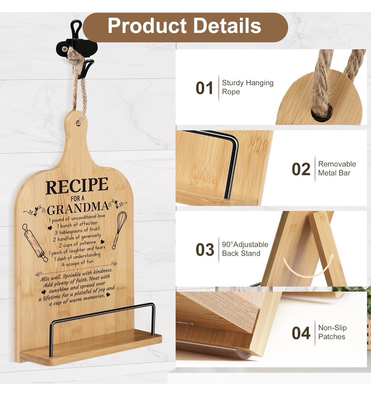 Grandma Gifts Cookbook Stand Bamboo Recipe Book Holder Kitchen Counter Non Slip