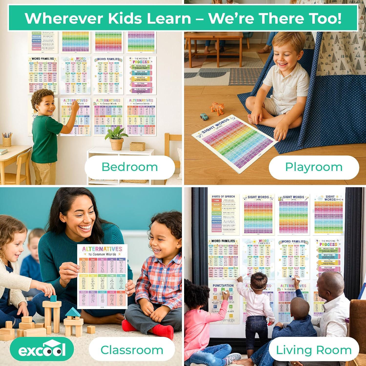 12 Preschool Sight Words Poster – 11×14 Word Families Chart Educational Posters