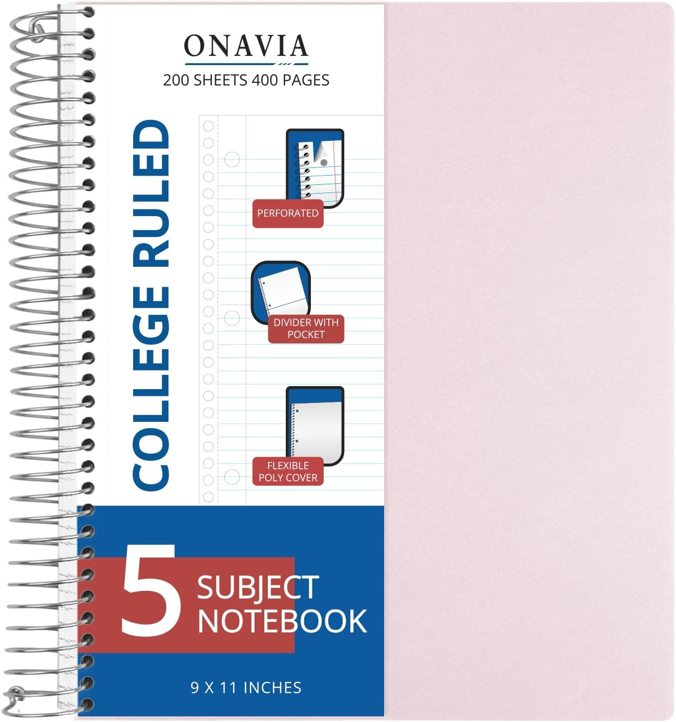 ONAVIA 5 Subject Spiral Notebook, 1 Pack, College Ruled, 9 x 11 in, 200 Sheets,