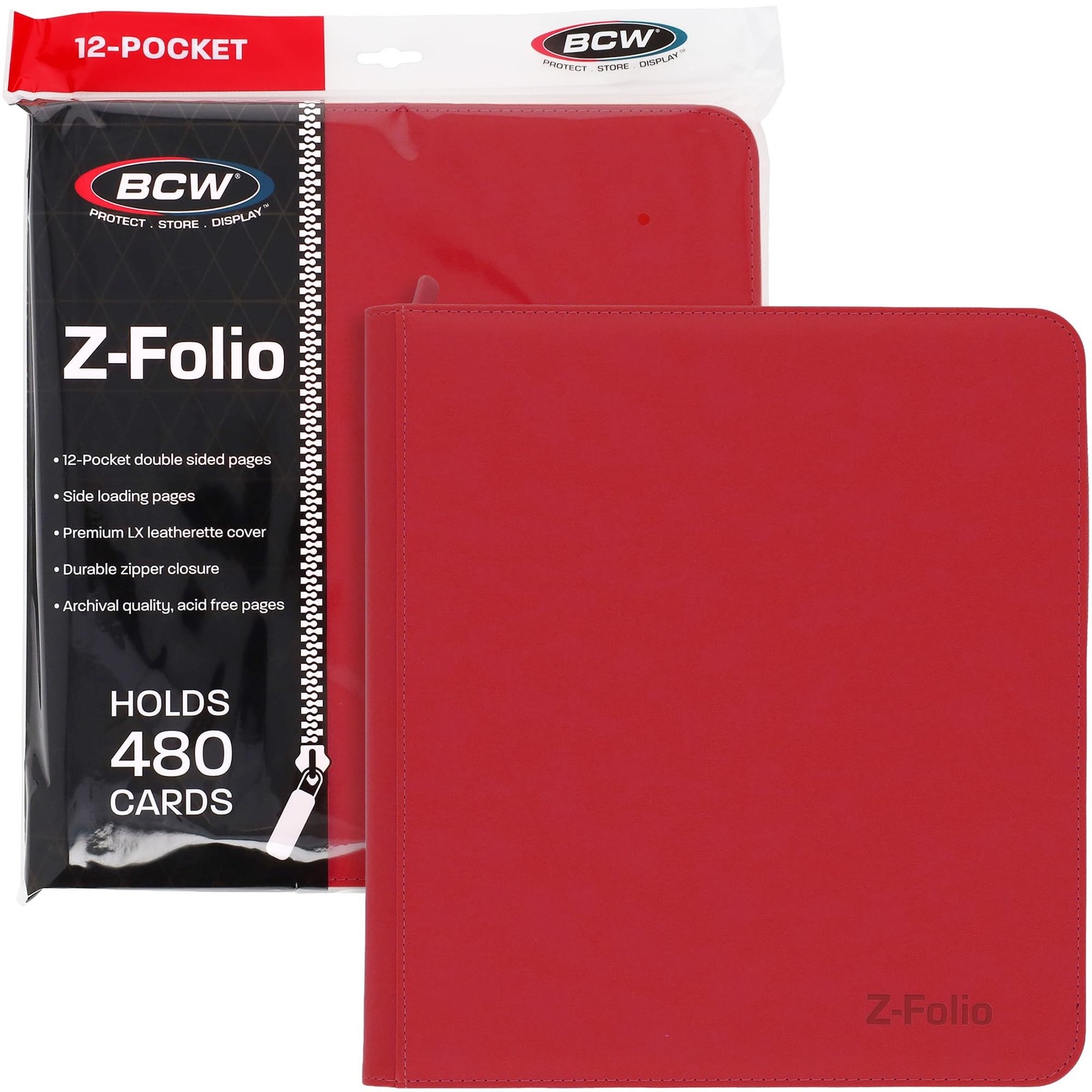 BCW Z-Folio LX Zipper Portfolio – Premium Red Leatherette 12-Pocket Playset A…