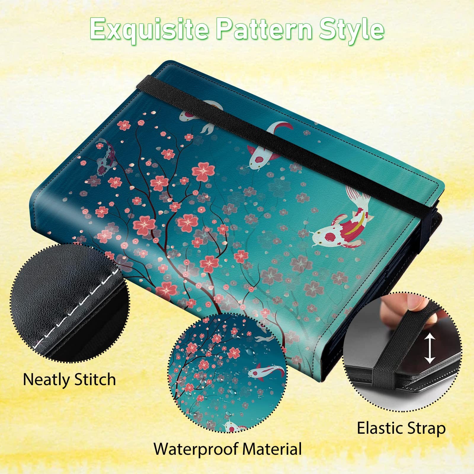4 Pocket Card Binder with Cherry Blossom and Fish Pattern, Faux Leather, 320 …