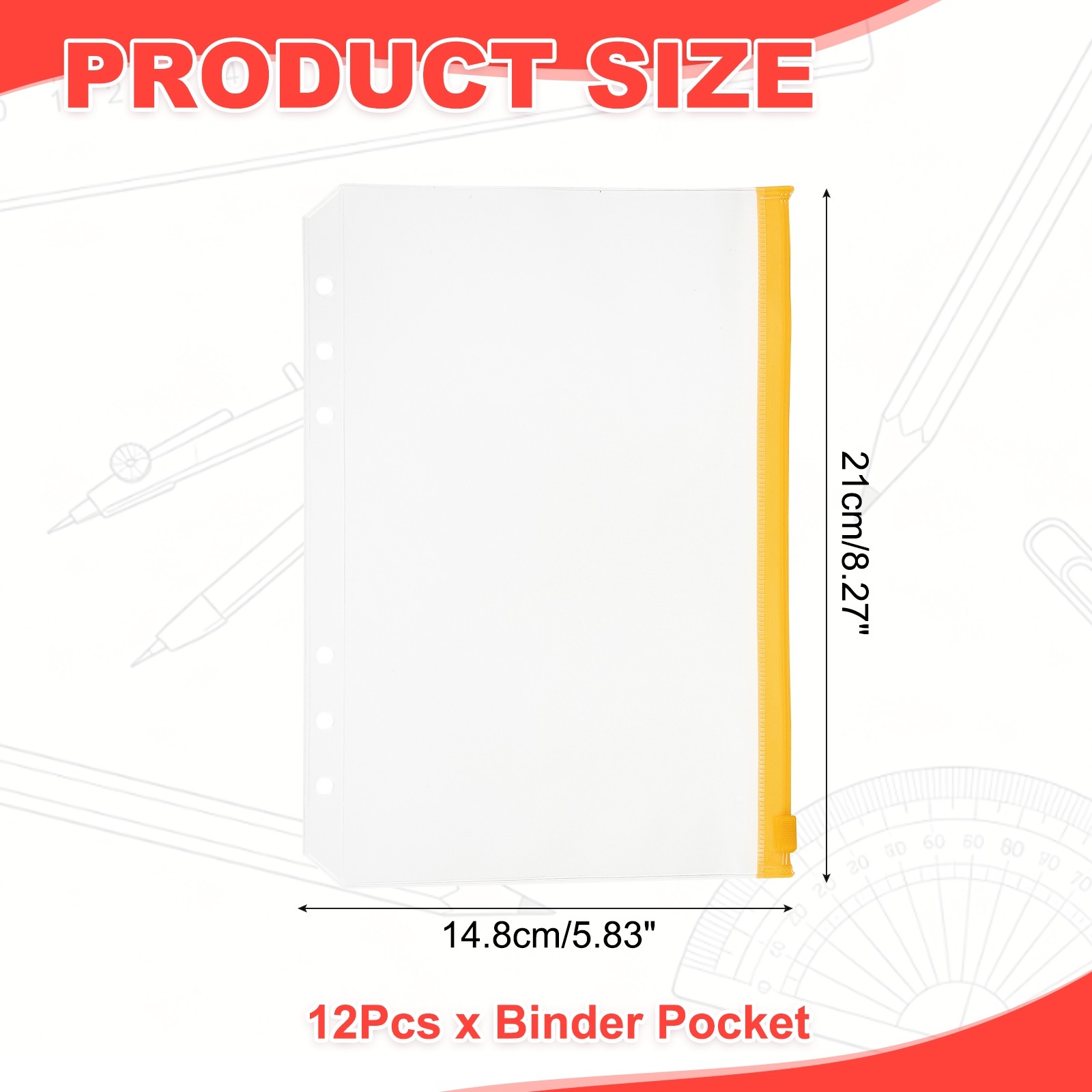 12 Pack 6 Holes A7 Binder Pocket Waterproof, Yellow Zip/Clear Pouch