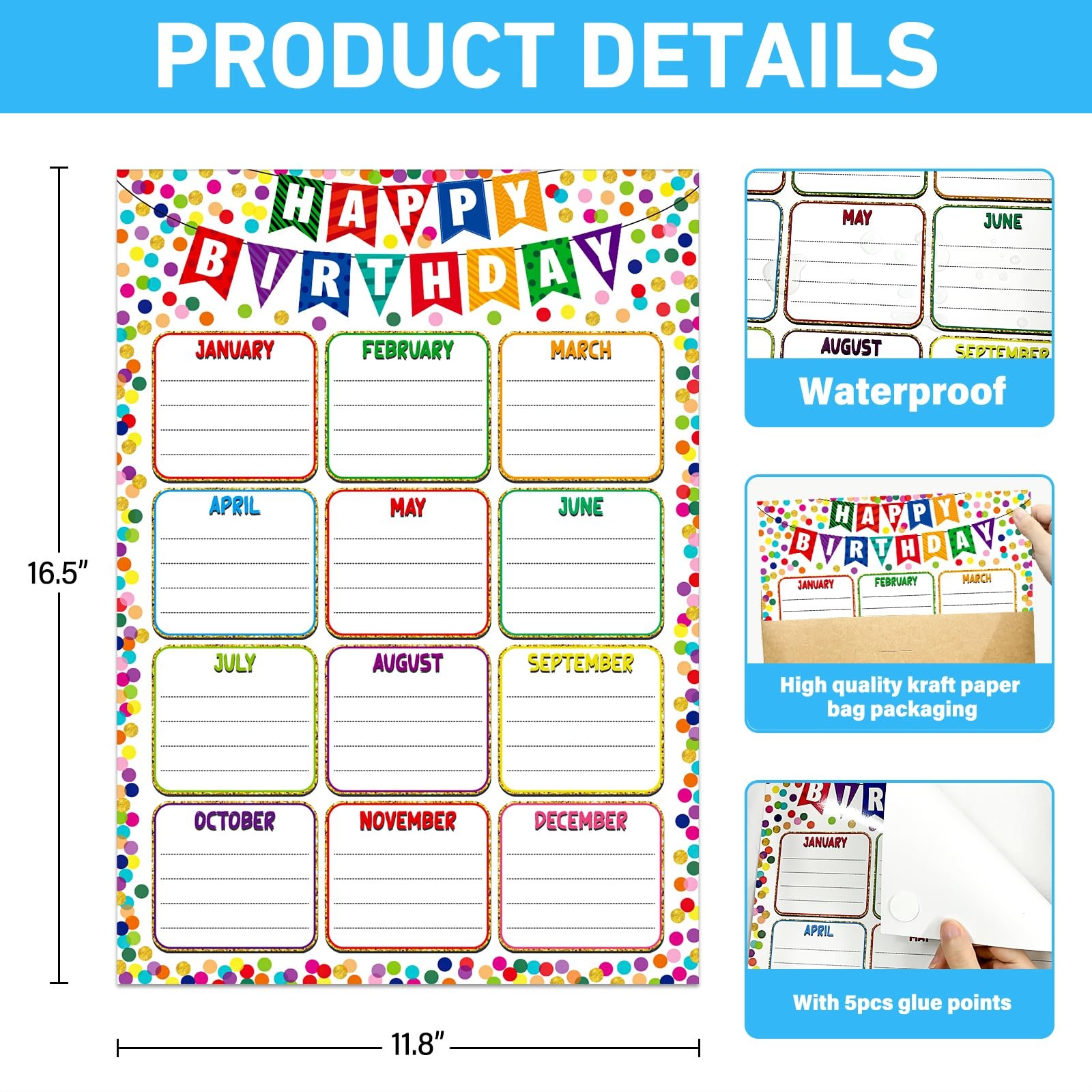 Birthday Chart for Classroom – Confetti Birthday Poster Calendar Reusable Lam…