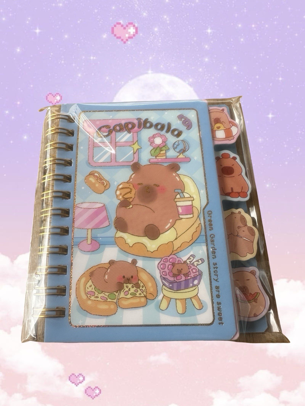 Capybara Kawaii Spiral Notebook – Gold Foil Cover – Cute Stationery Gift 4 Pack