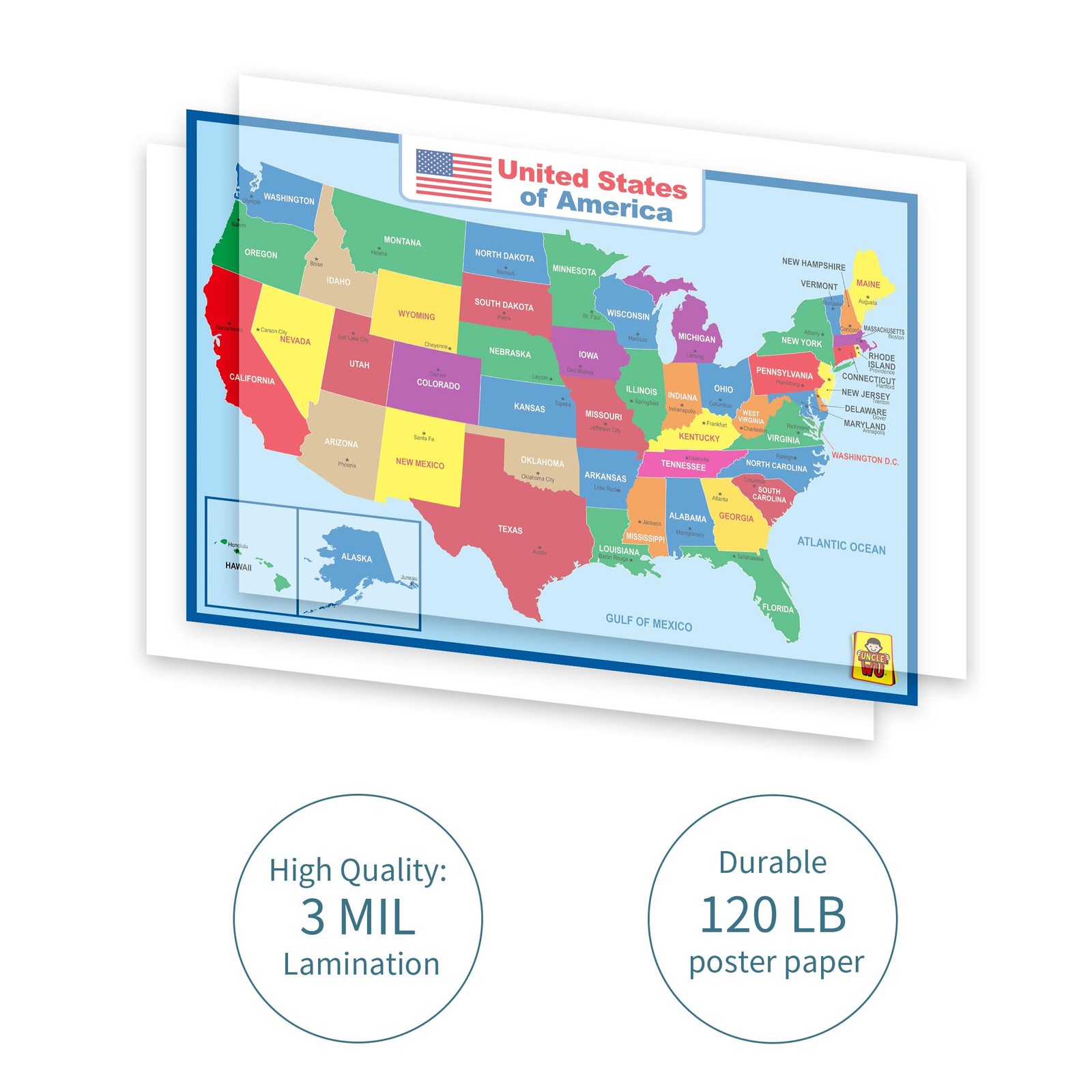 United State Map Laminated Poster -Double Side Educational Poster For Kids/Adult