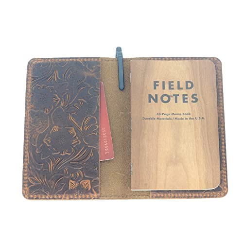 Distressed Leather Checkbook Journal Cover for Field Notes Flower Brown