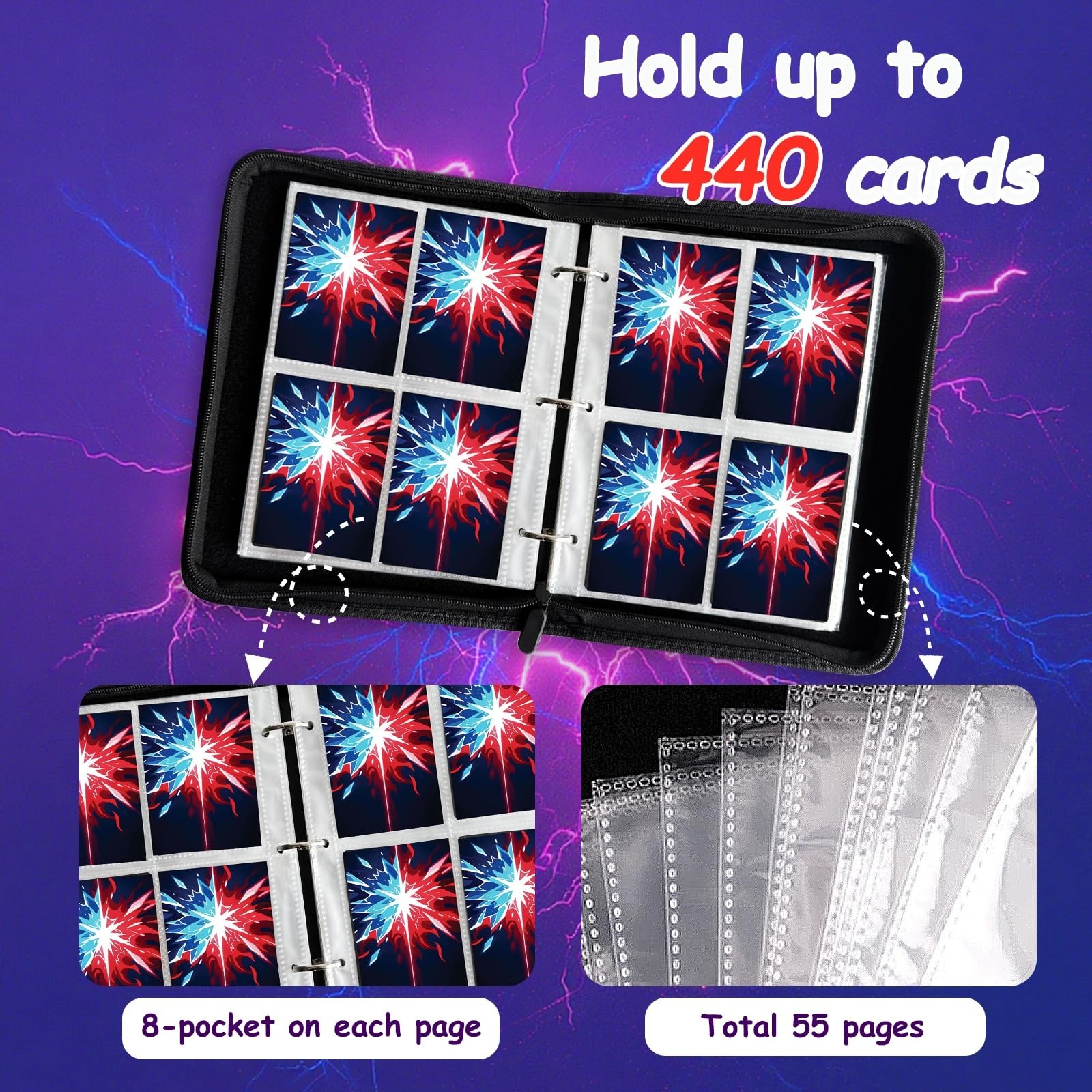 4-Pocket Trading Card Binder, 440 Pockets PU Leather Zippered Album with 55 R…