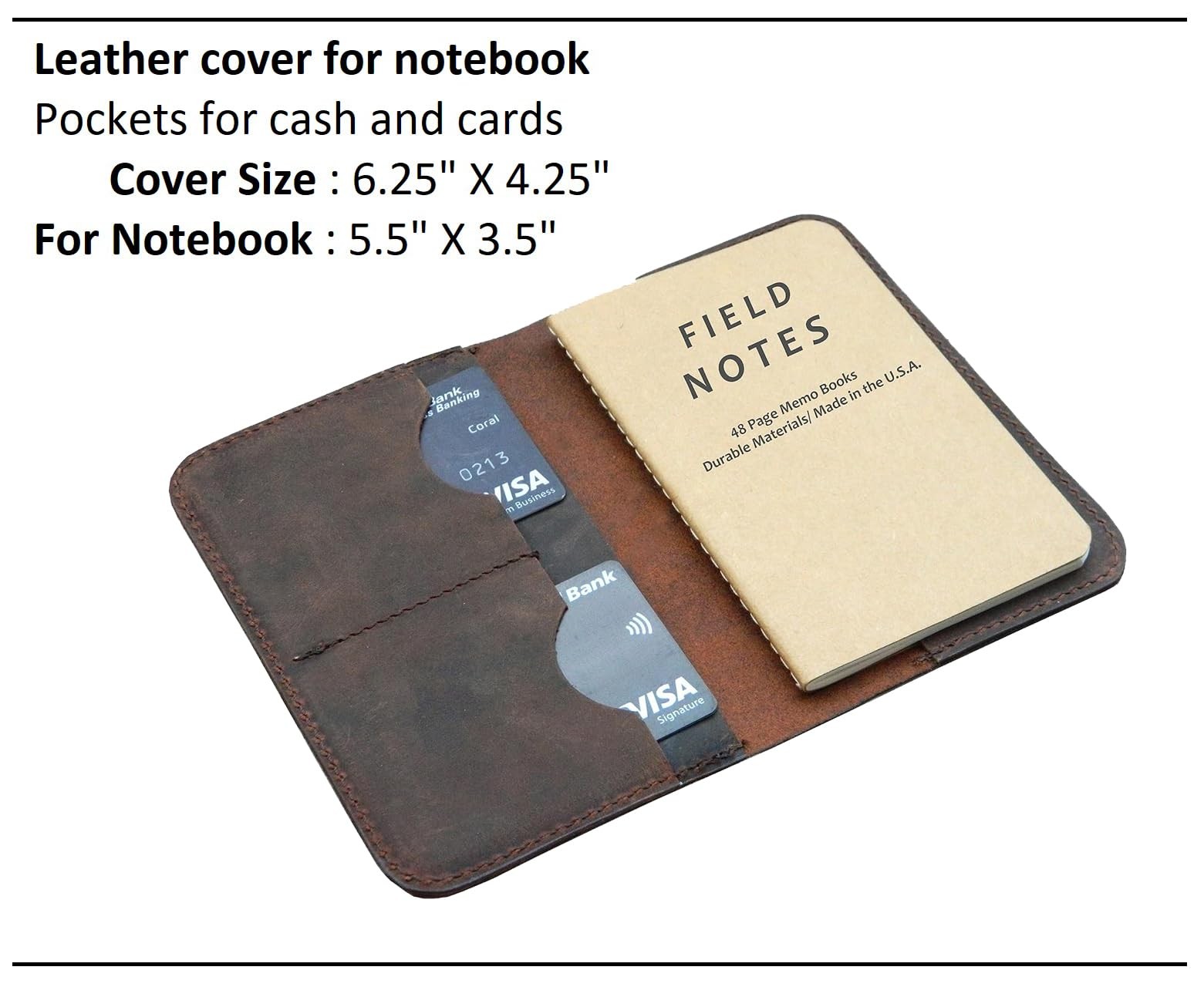 Leather Journal Cover for Field Notes Moleskine 3.5″ x 5.5″, Crunch Brown