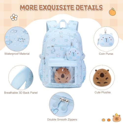 Capybara Theme Backpack for School Girls, Backpack with Stationery Set Blue