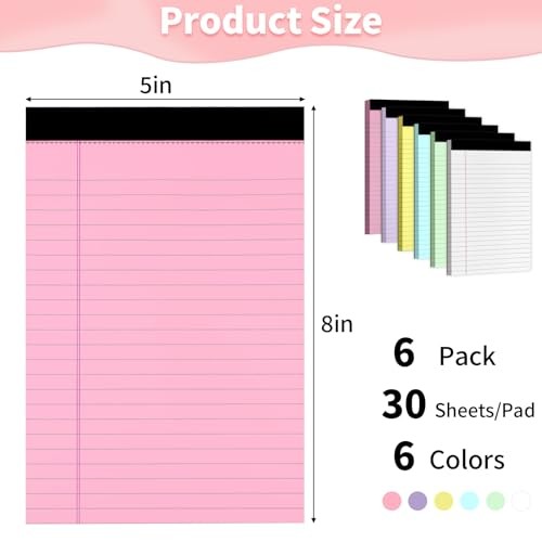 Legal Pads 5″ X 8″, 6 Pack Colored Note Pads, College Ruled Yellow Lined Paper